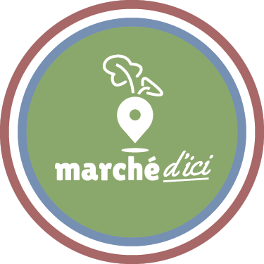 Logo marché d'ici avec un cercle bleu blanc rouge rempli de vert et le logo